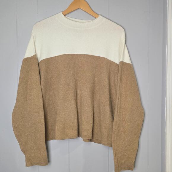 J Crew Mens L Colorblock Tan Ivory Crewneck Extra Soft Yarn Pullover Sweater - Picture 1 of 4